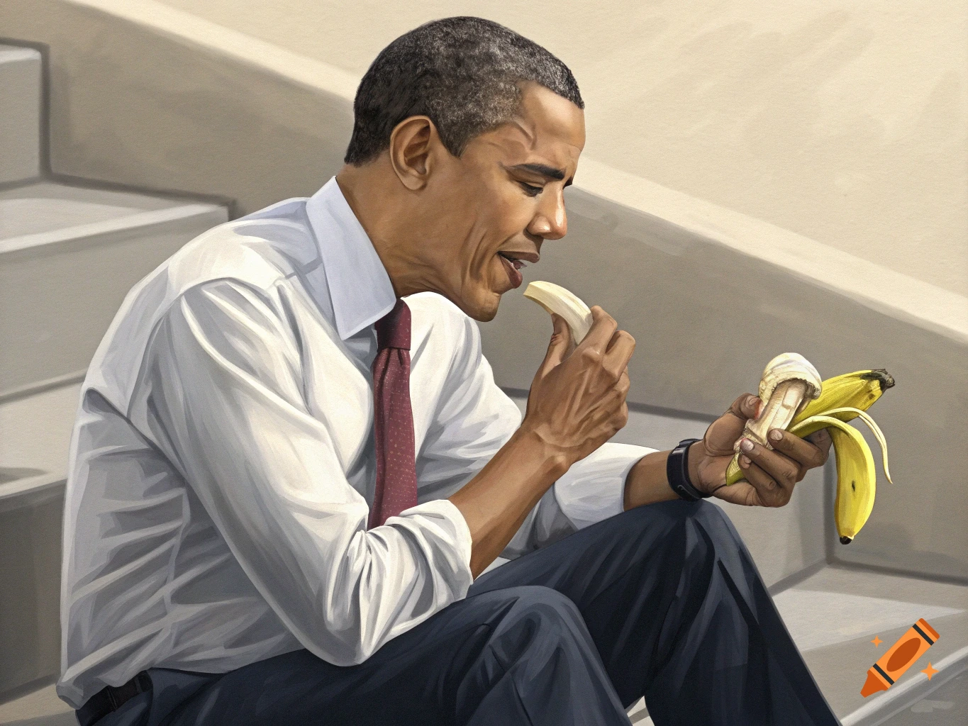 Painting of Barack Obama sitting on stairs and eating a banana.
