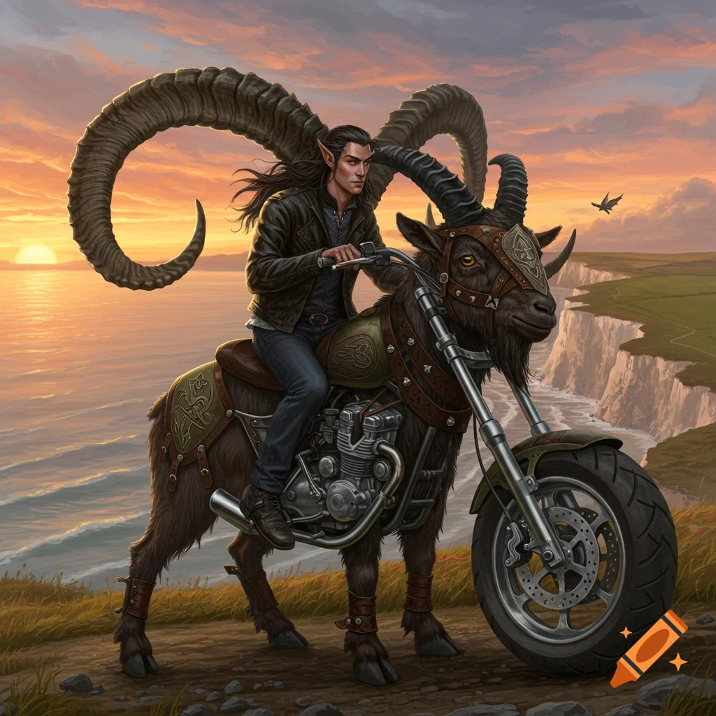 Digital painting of an elf riding a goat-motorcycle hybrid by the sea at sunset.