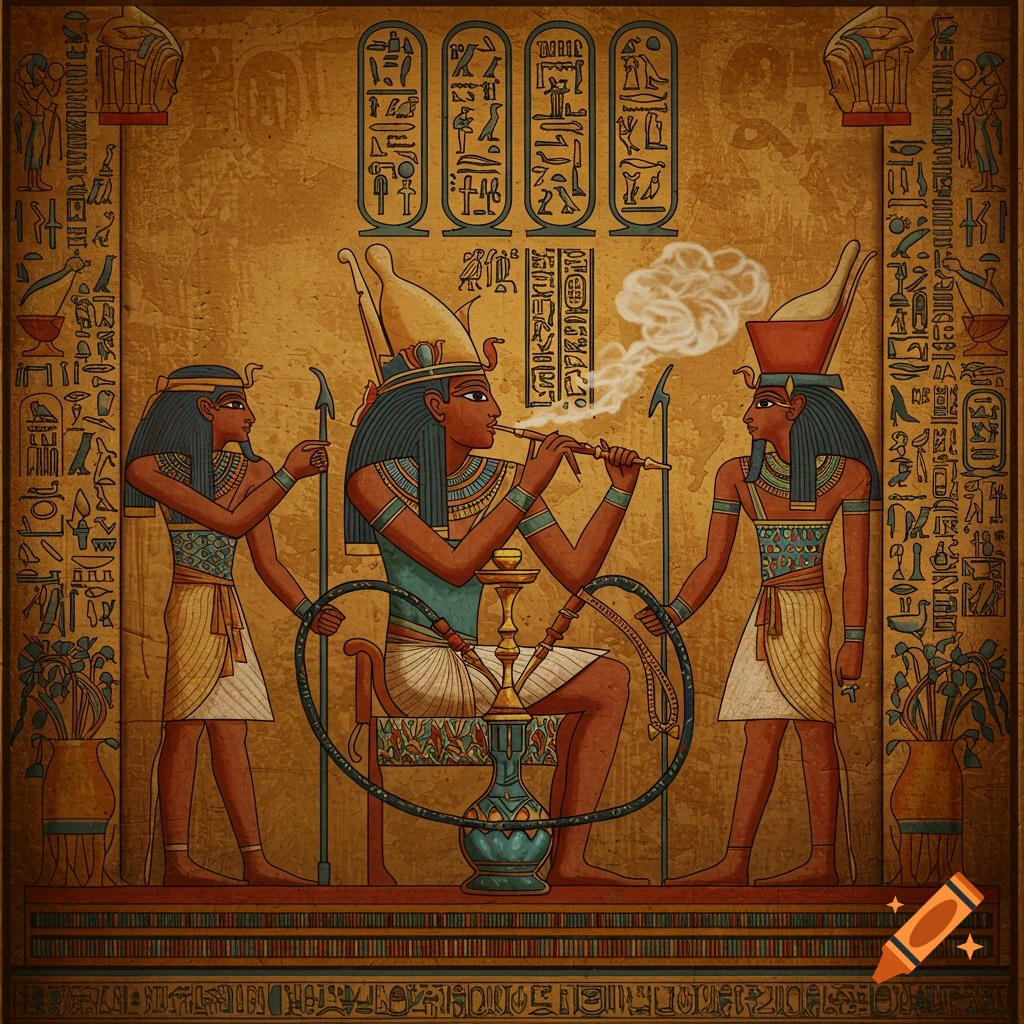 Ancient Egyptian style art of a figure smoking a hookah among hieroglyphics.