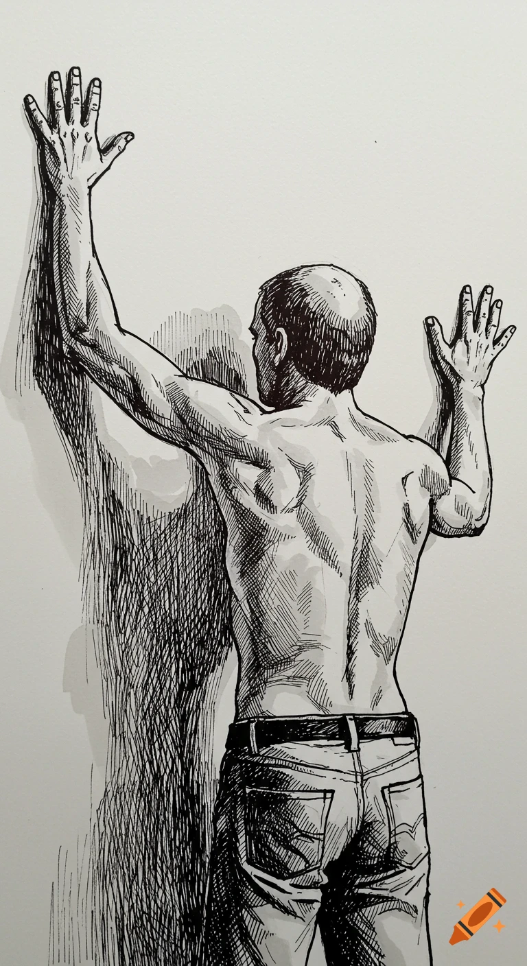 Ink sketch of a man's back with hands raised against a wall.