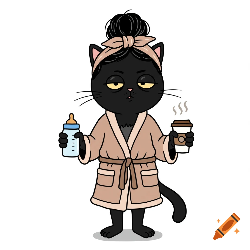 Cartoon black cat in a robe holding a baby bottle and coffee cup with a tired expression.