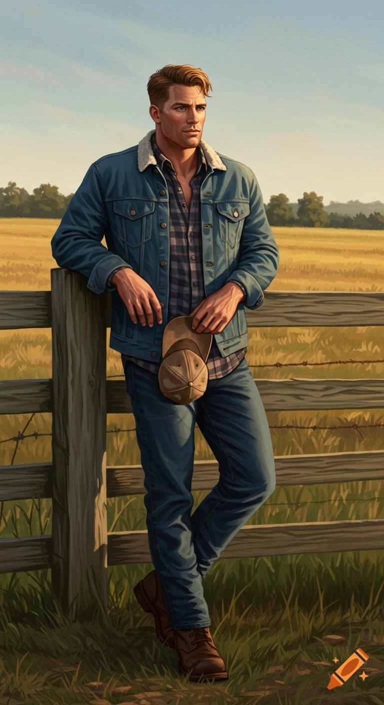 Man in denim jacket and plaid shirt leaning on a fence in a field.