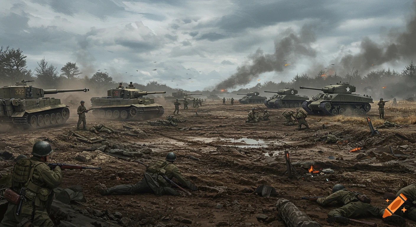 Battle scene with tanks and soldiers on a muddy field under a cloudy sky.