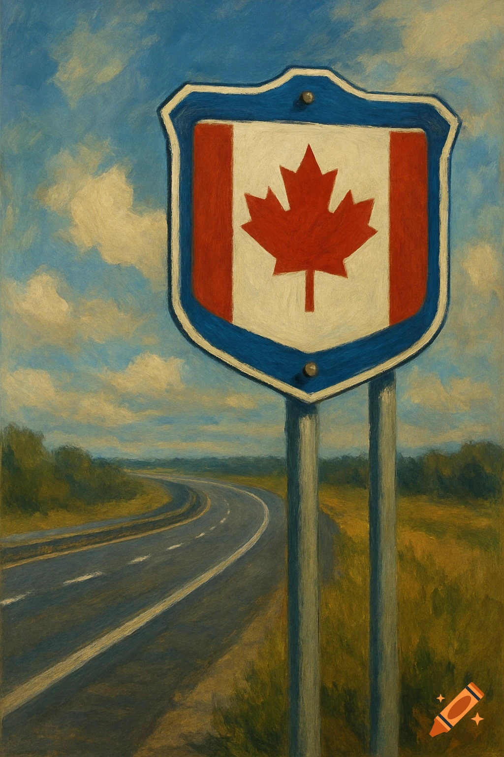 Painterly scene of a highway road sign with a Canadian flag on it, set against a cloudy sky and landscape.