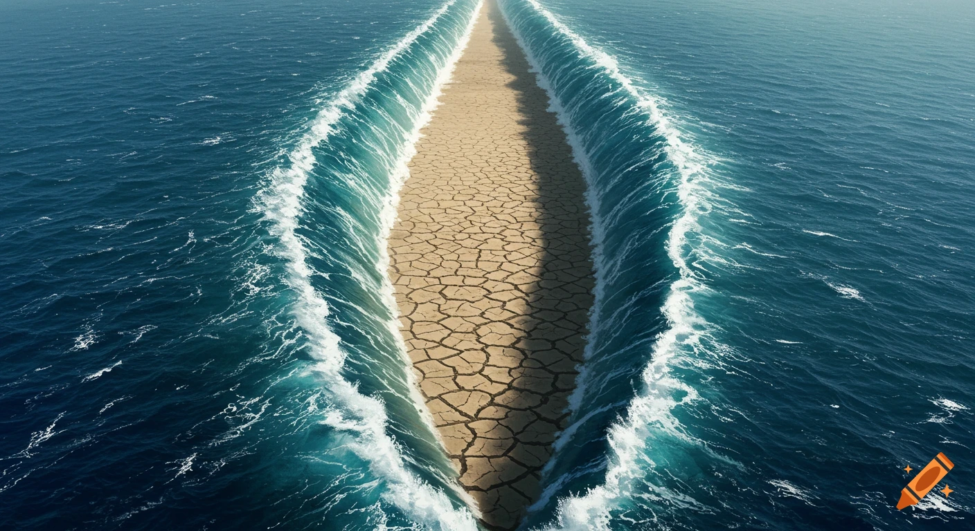 Walls of water part a sea, revealing cracked dry ground in the middle