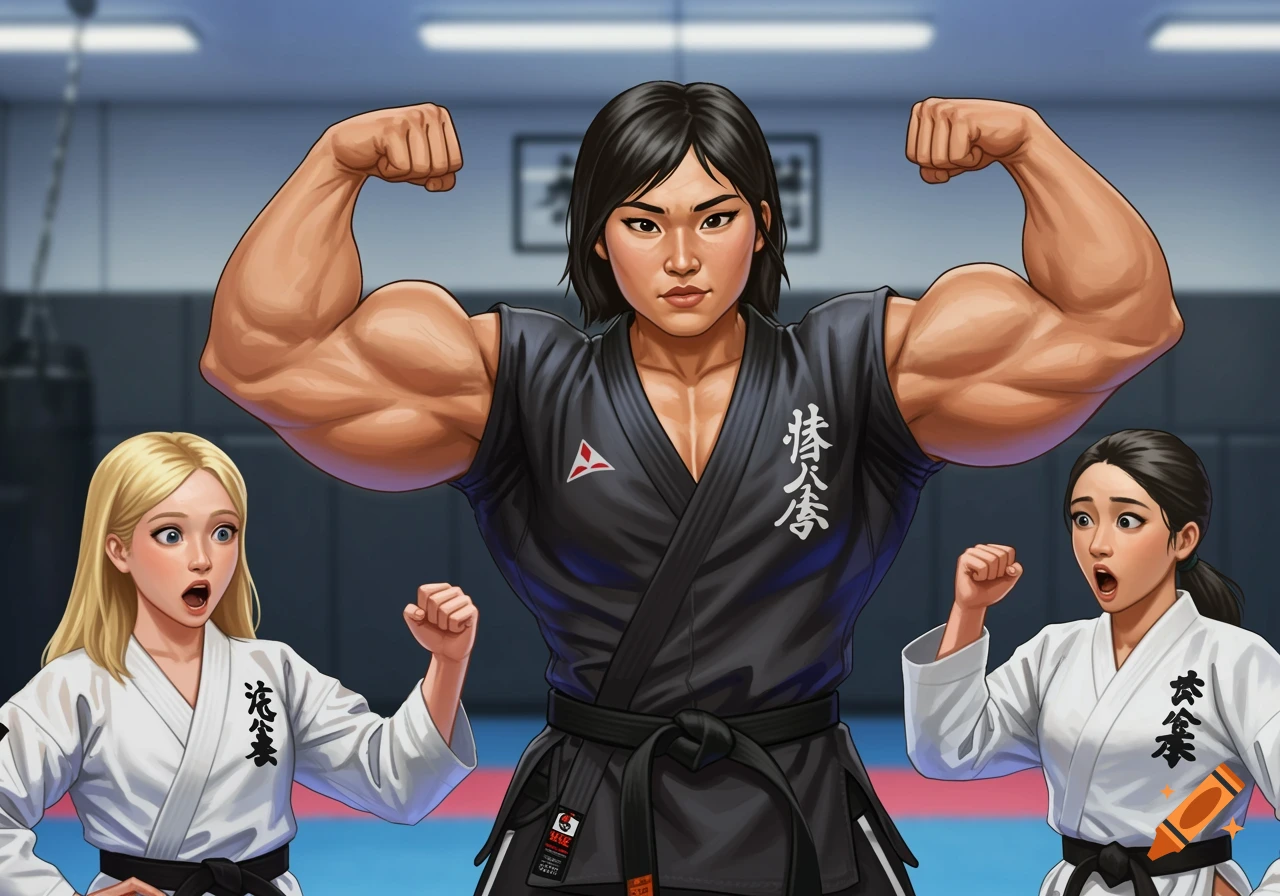 An muscular Asian woman in a black karate gi flexes her biceps, while two students in white gis look on in astonishment.