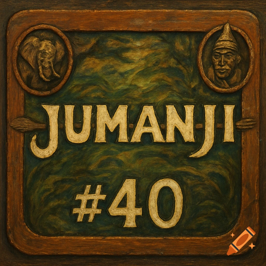 Textured sign with JUMANJI and #40, featuring carved elephant and person portraits.