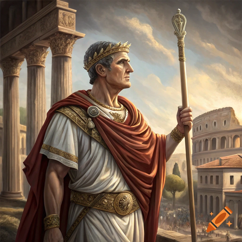 A man dressed as a Roman Emperor stands before Roman ruins, holding a staff.