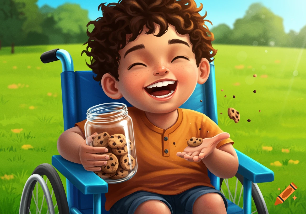 Happy boy with curly hair in a wheelchair, holding a glass jar of cookies and a cookie in his hand, in a sunny park setting. Illustration.
