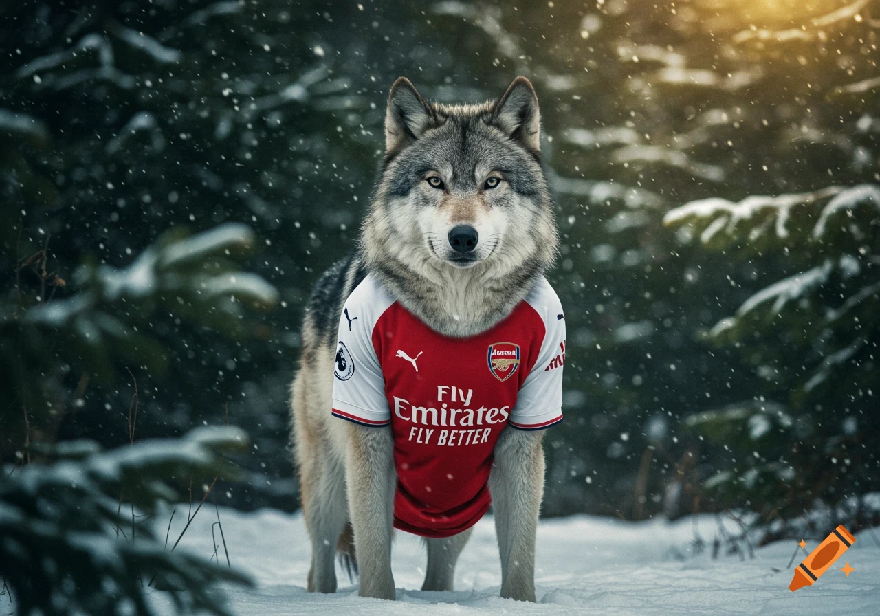 A majestic wolf stands in a snowy forest wearing a red and white Arsenal football shirt.