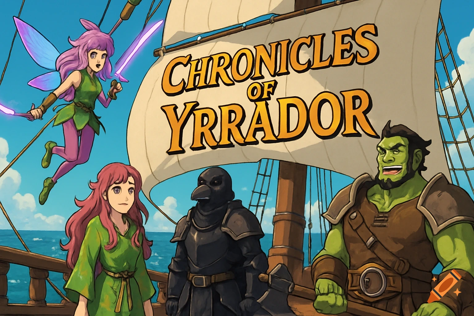 Anime style fantasy characters (fairy, human, raven person, orc) on a ship with 'Chronicles of Yrrador' on the sail.