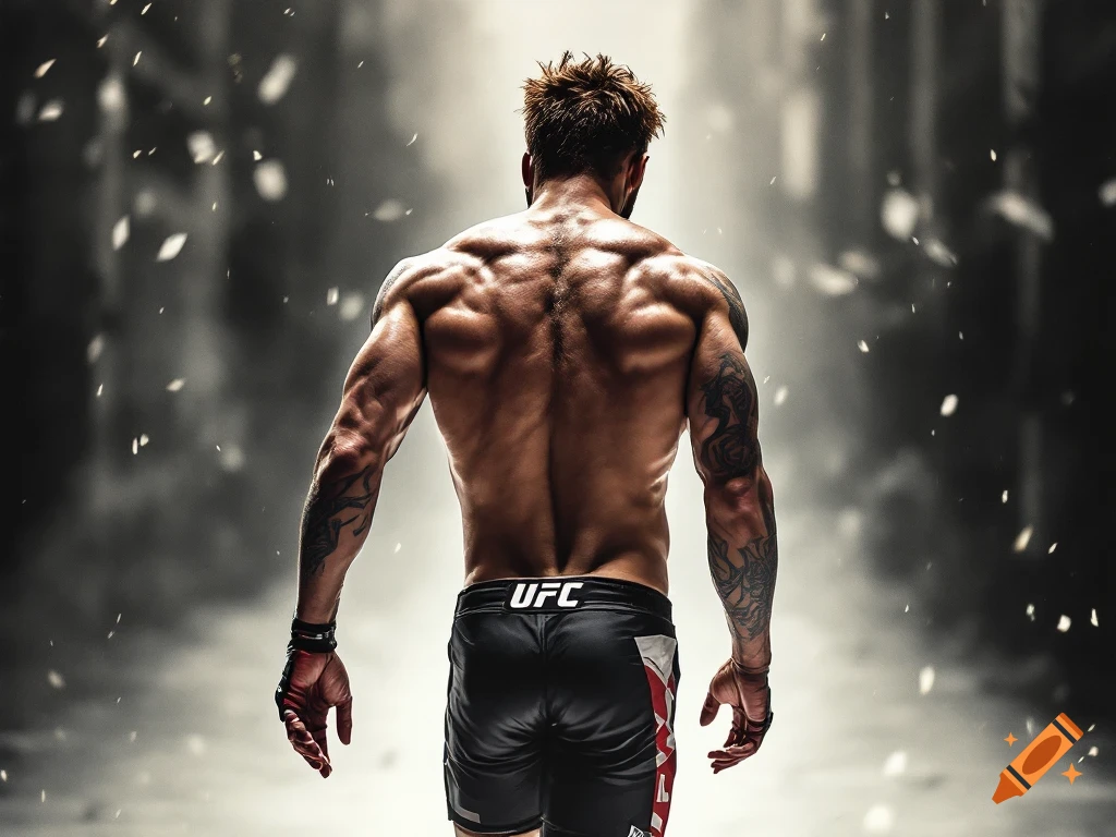 Muscular man facing away, wearing fighting shorts, in a dark gritty setting.