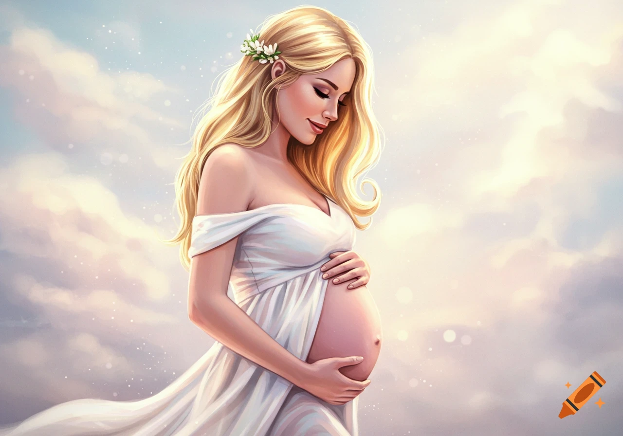 Pregnant woman in a white dress holding her belly, bathed in sunlight with clouds in the background, illustration style.