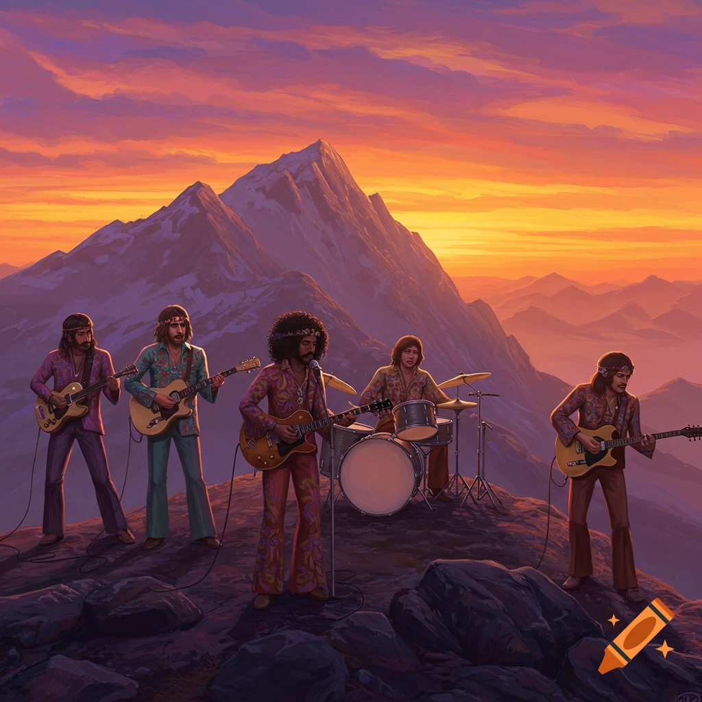 A 60s band plays guitars and drums on a mountain overlooking a sunset landscape, in a painterly style.