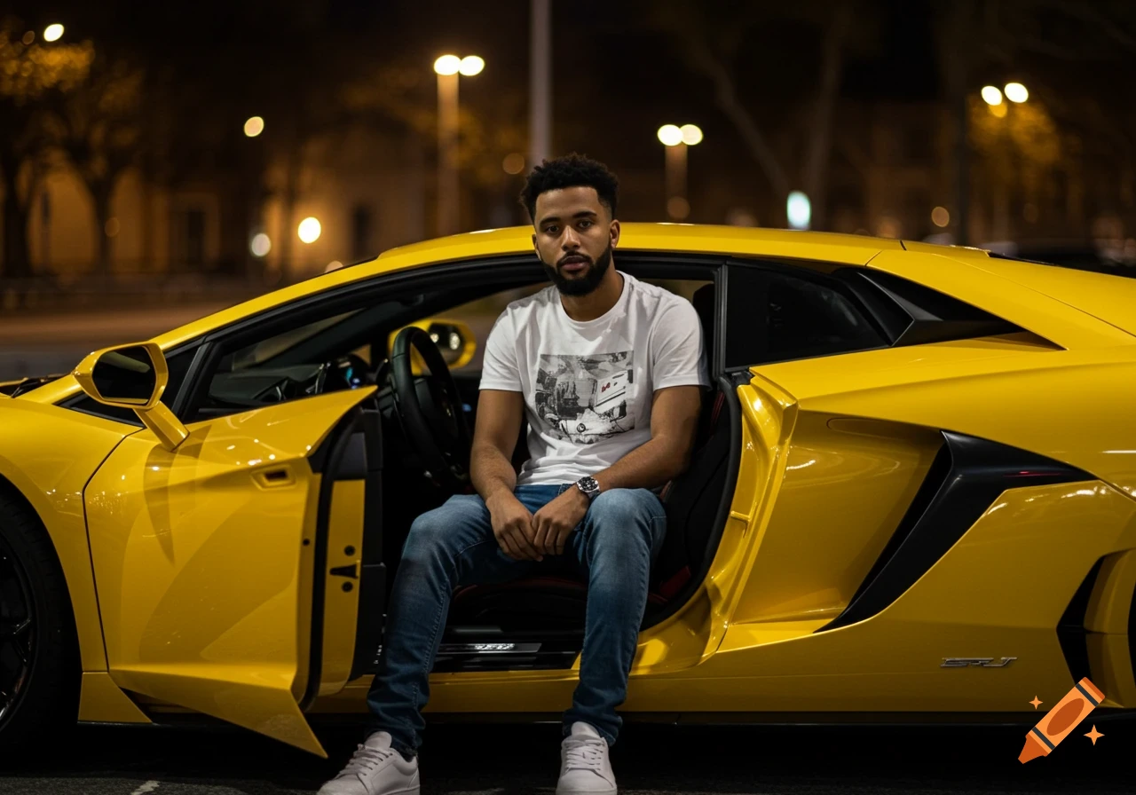 A man sits in a yellow Lamborghini at night