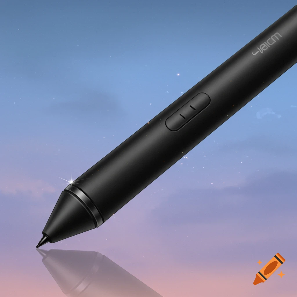 Close-up of a black stylus pen against a colorful, sparkly background.