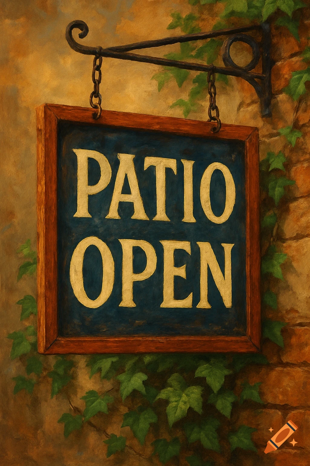 Painting of a hanging sign that reads PATIO OPEN on a brick wall covered in ivy.