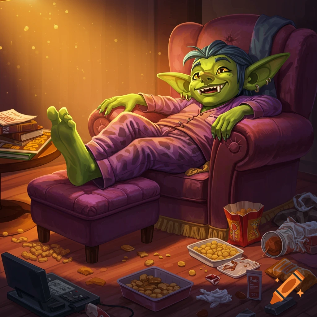 A green goblin relaxes in a chair, feet up on an ottoman, in a messy room filled with snacks. Illustration style.