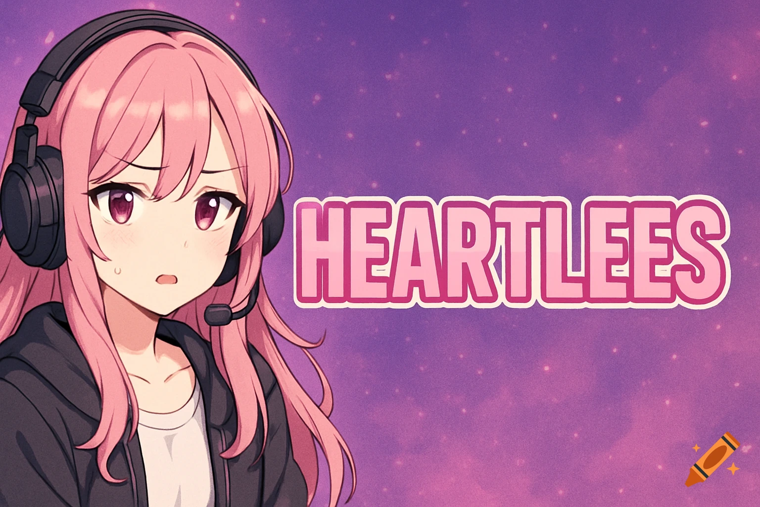 Anime portrait of a pink-haired girl with headphones and mic on a starry purple background with the text HEARTLEES.