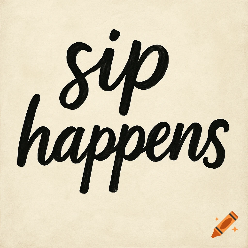 Black cursive text 'sip happens' on a light beige background.