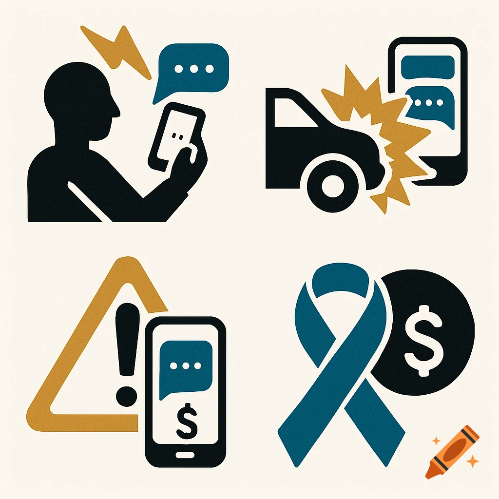 Four icons representing the dangers of texting while driving, including texting person, car crash, warning sign with phone and money, and a ribbon with money. Stylized flat vector icons with texture.