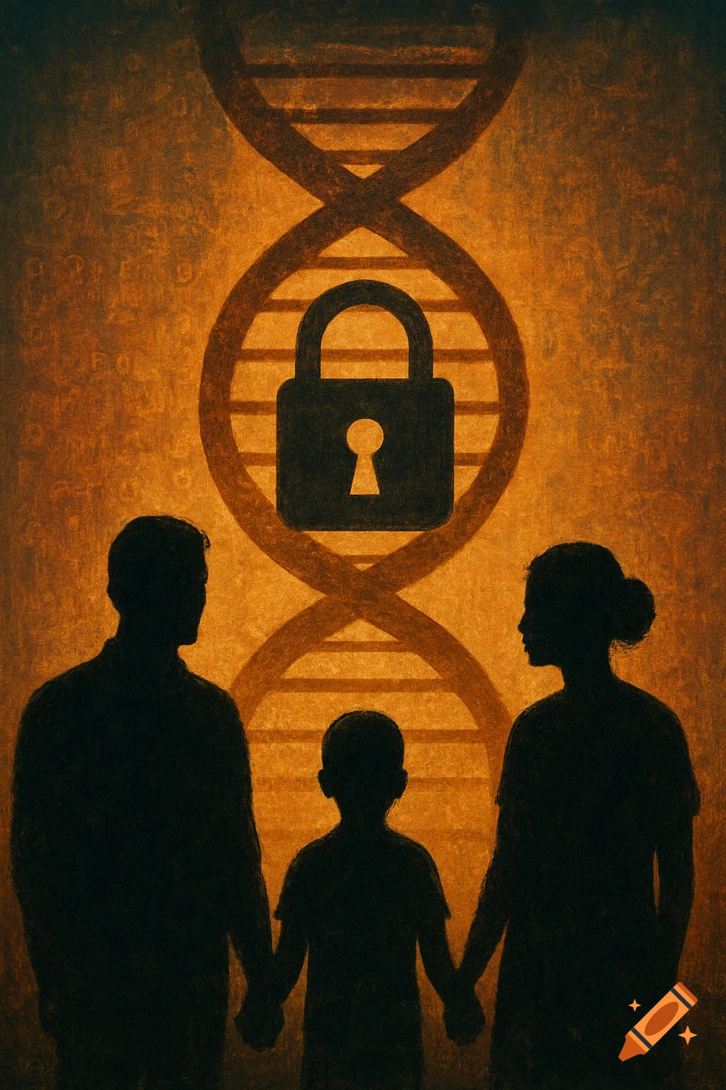Silhouette family stands before a DNA helix locked by a padlock, textured background.