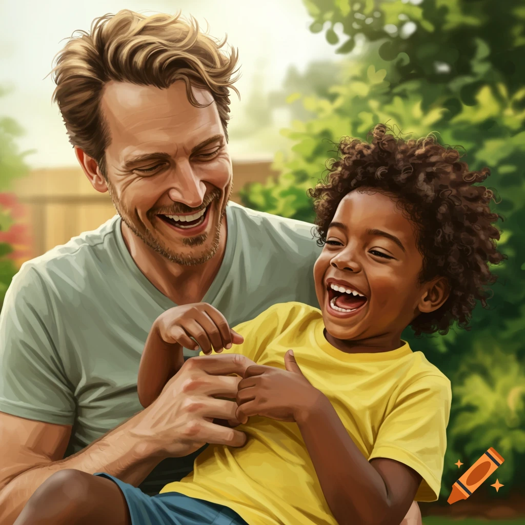 A smiling father tickles his laughing son outdoors in a sunny, illustrative style.
