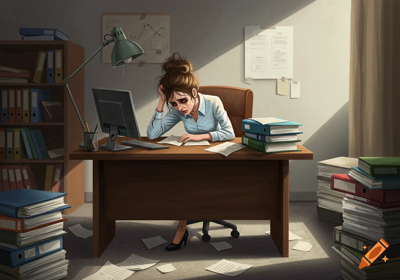A stressed woman sits at a desk piled with papers and files in an office.