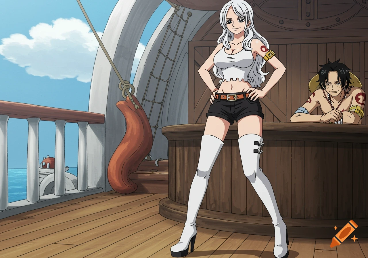 An anime drawing of a white-haired woman in a white tank top and black shorts standing on a ship deck with Ace from One Piece behind her.