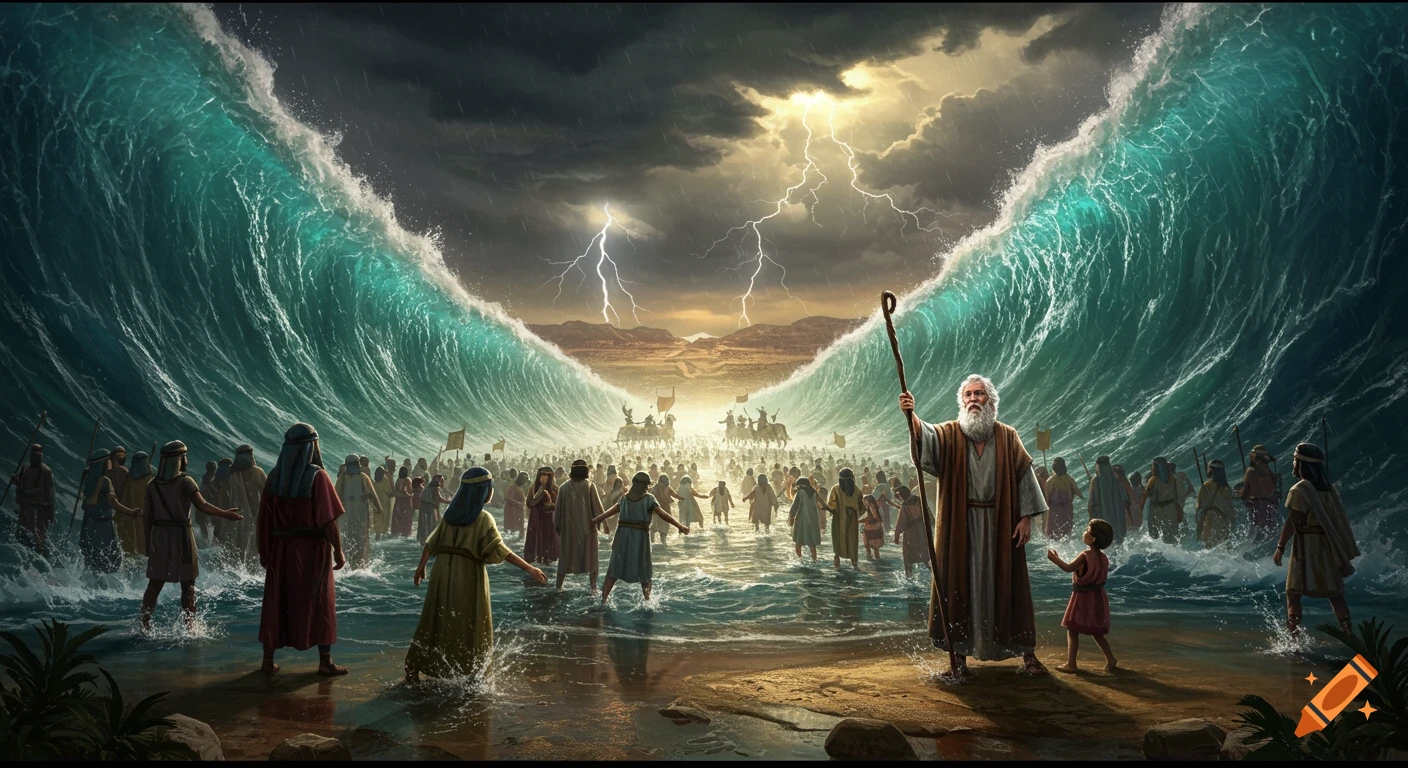 Moses parts the Red Sea for the Hebrews to cross, with Egyptians approaching under a stormy sky.