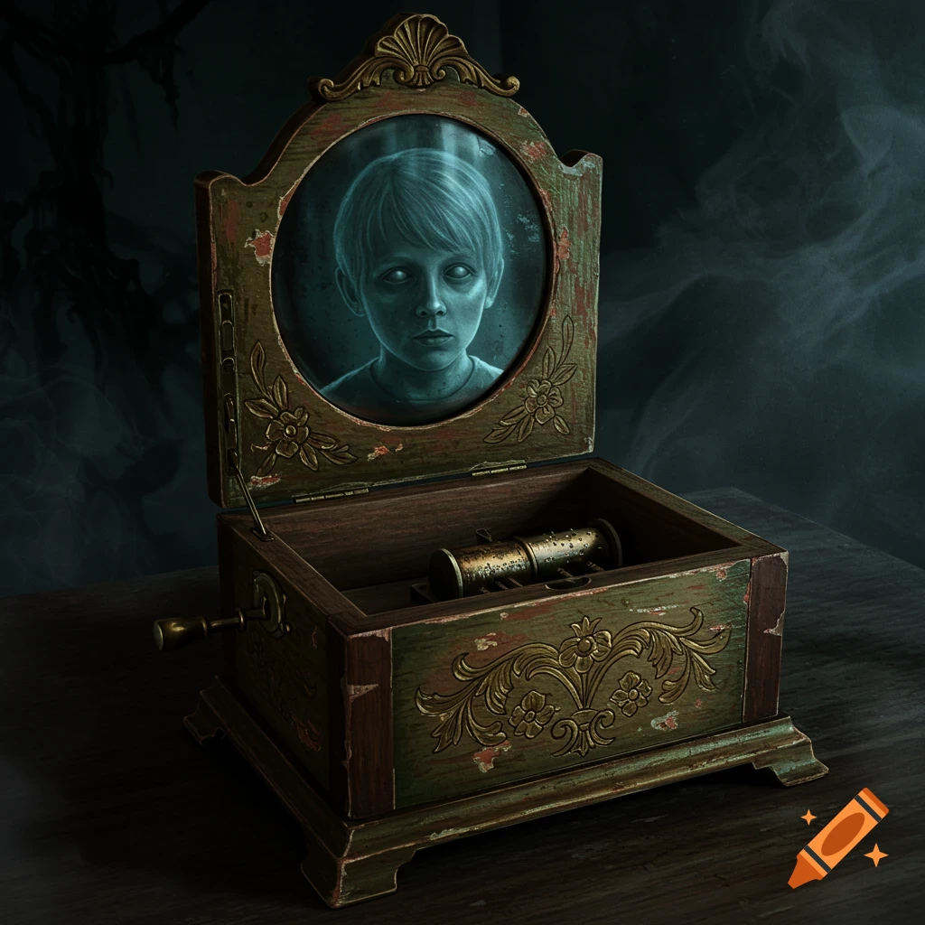 A vintage music box with a ghostly child's face in the mirror in a spooky setting.