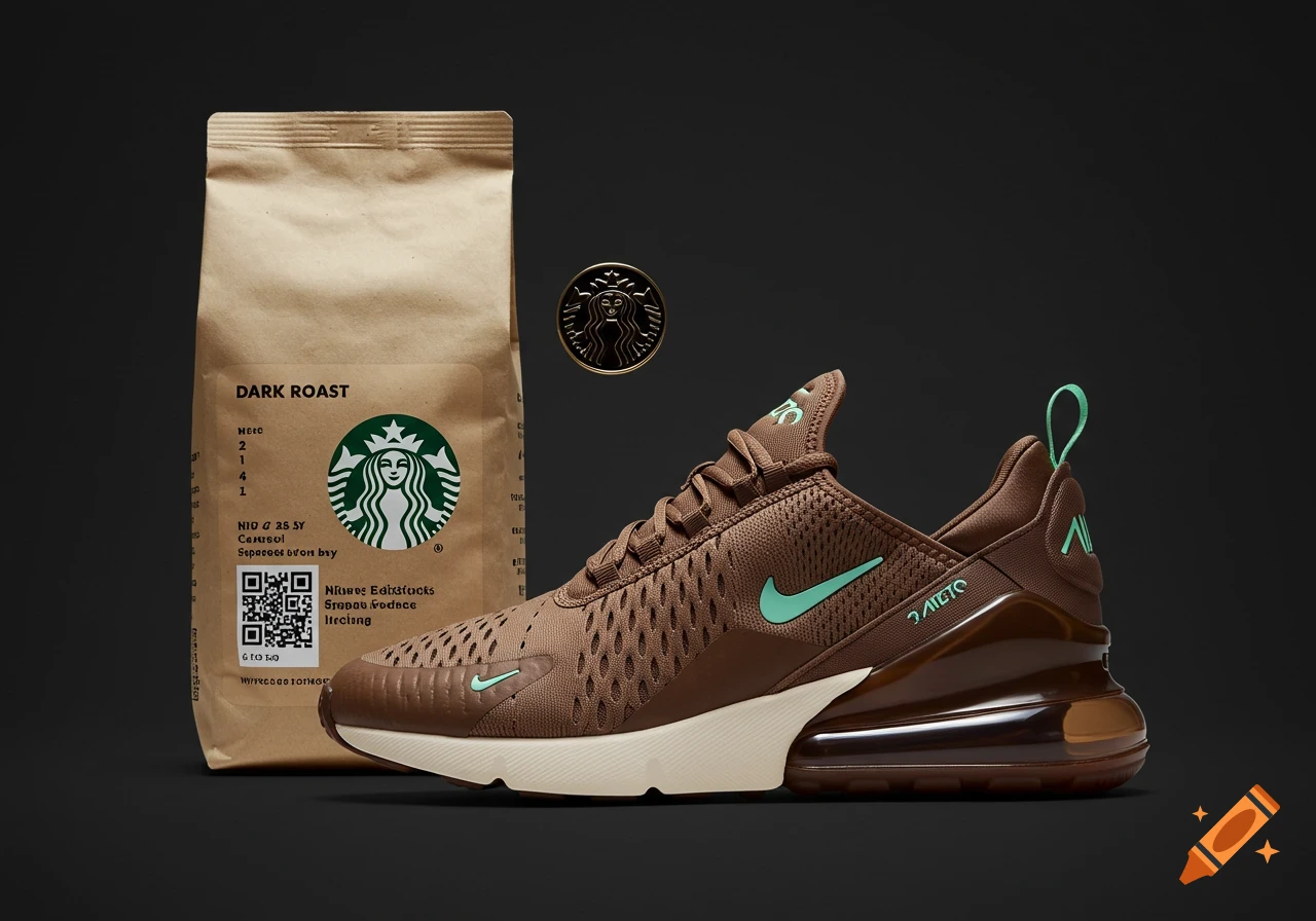 A brown and cream Nike sneaker with mint accents next to a coffee bag and gold Starbucks pin on a dark background.