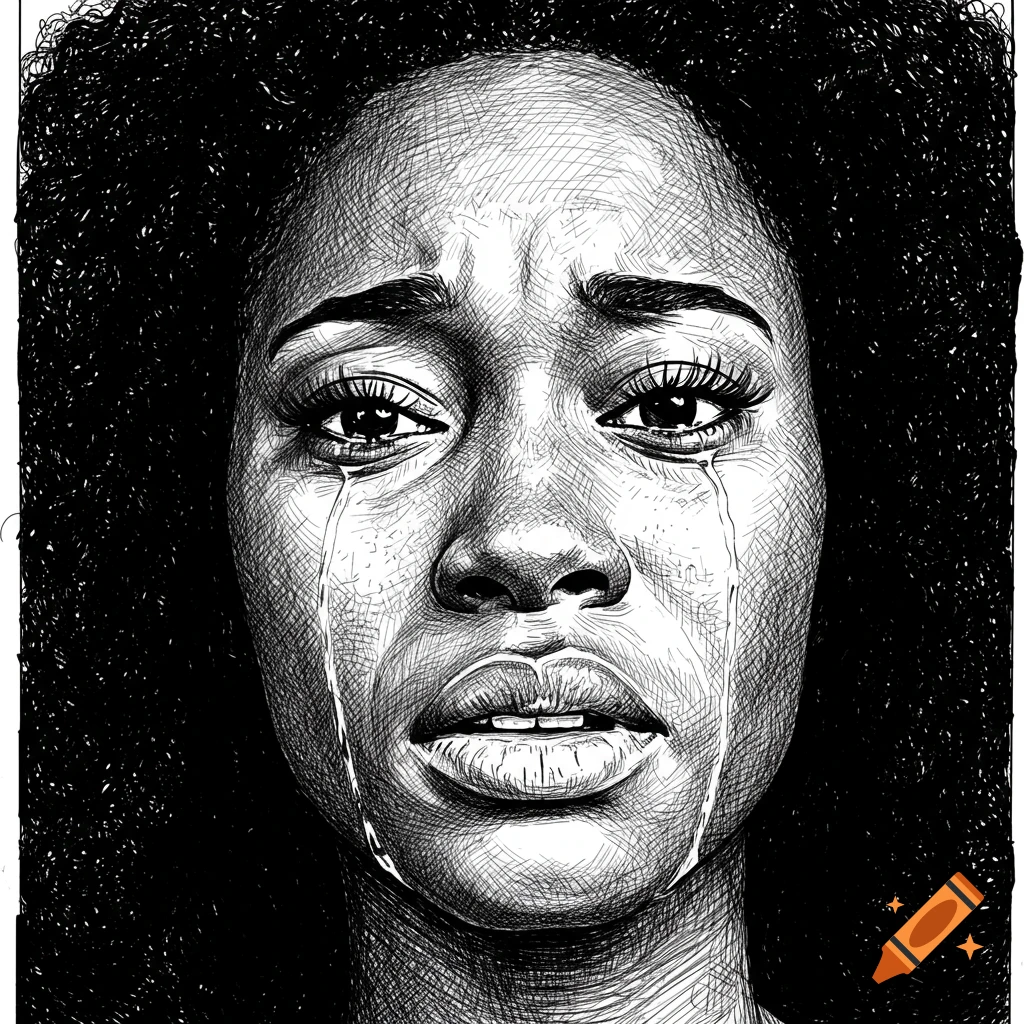 Black and white sketch of a crying woman's face.
