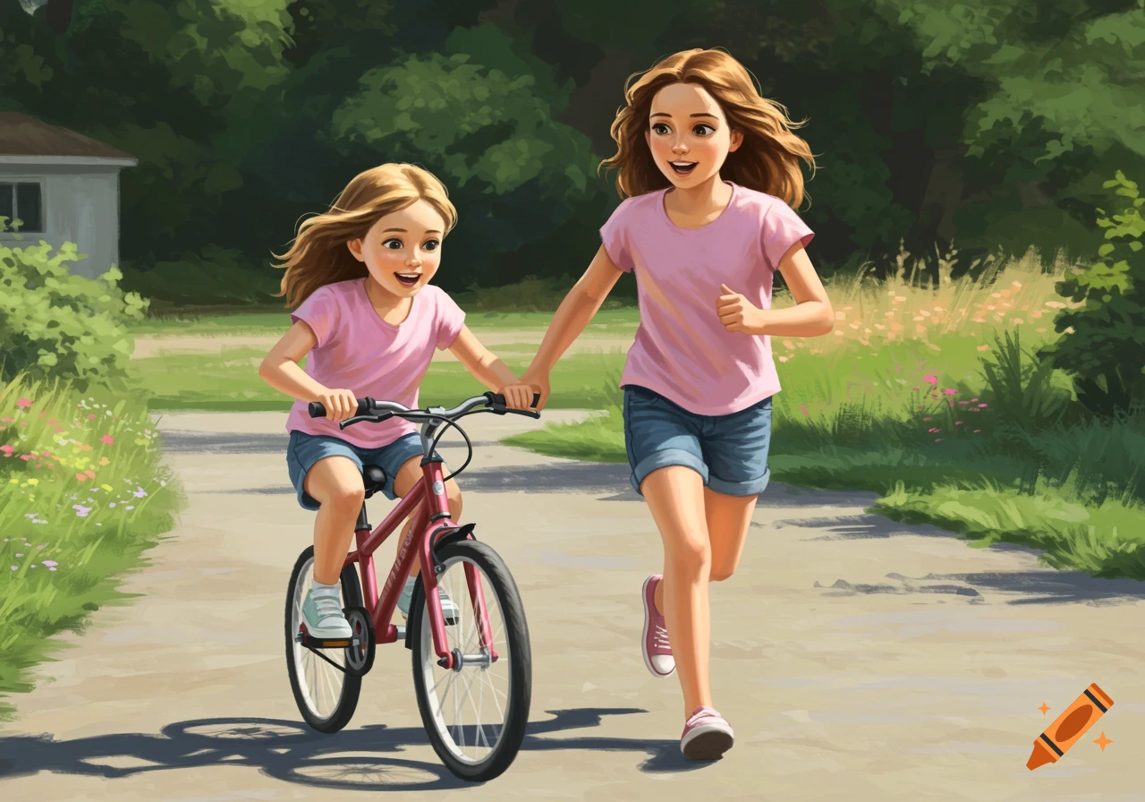 Two young sisters biking and running together outdoors