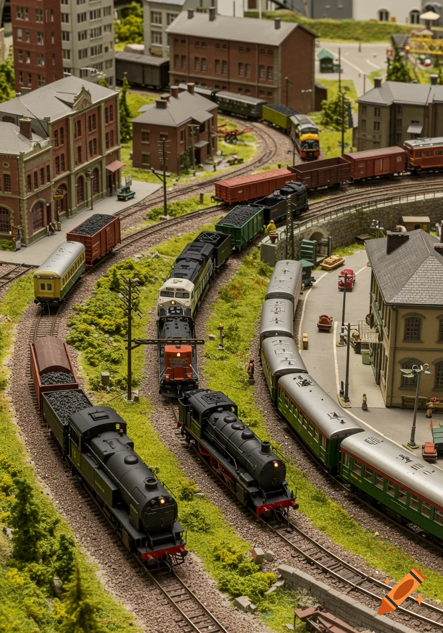 Overhead view of a complex model railroad layout featuring multiple trains and buildings.