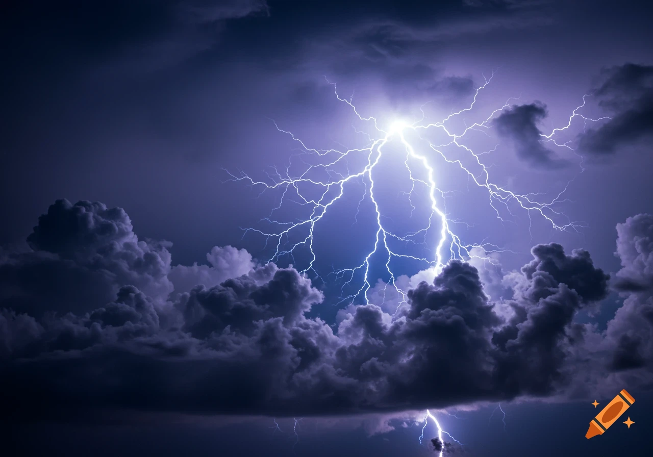 Dramatic lightning strike illuminates dark storm clouds.