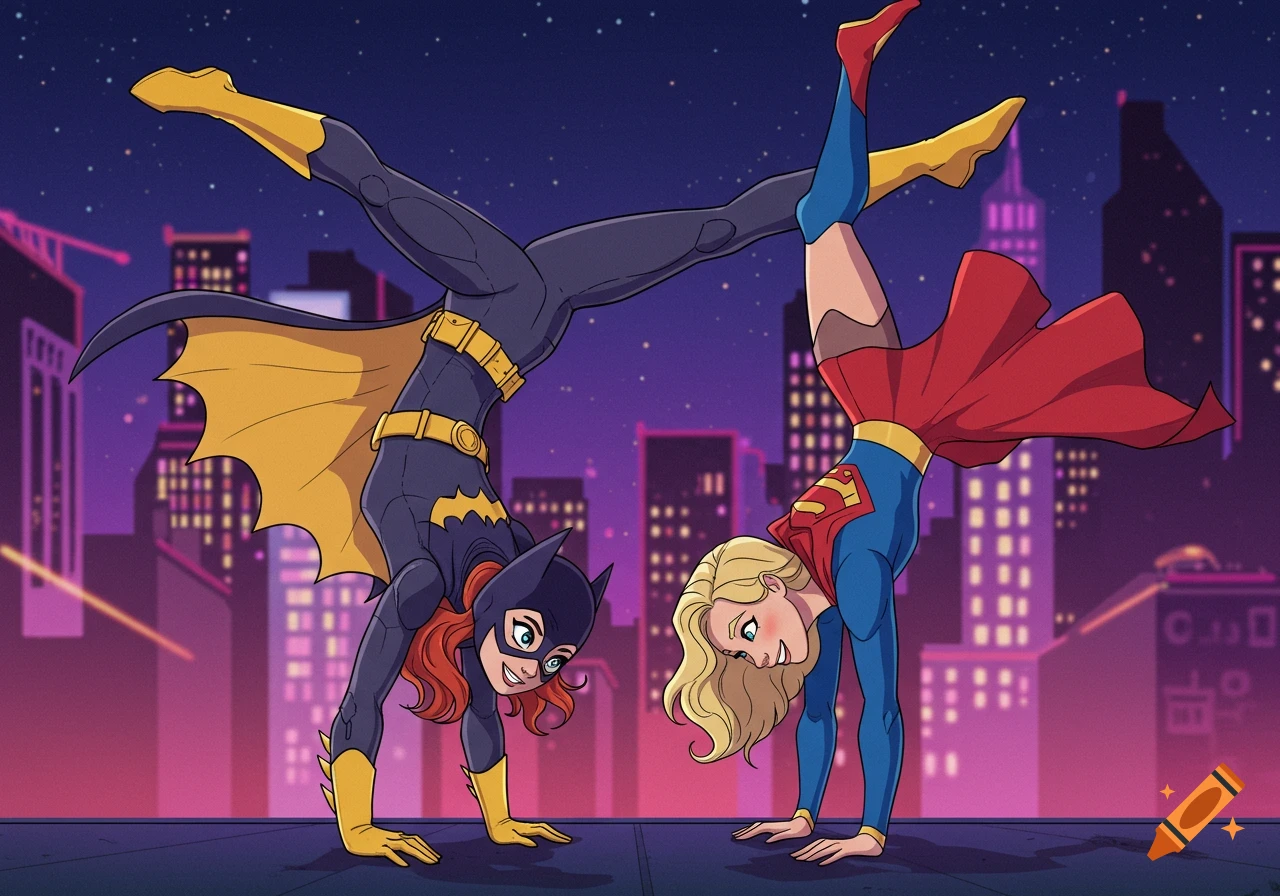 Batgirl and Supergirl do handstands on a rooftop in animated style.