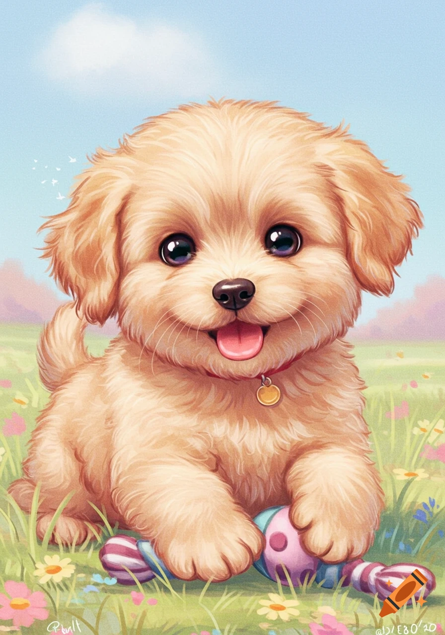 An illustration of a cute puppy sitting in a field of flowers with toys.