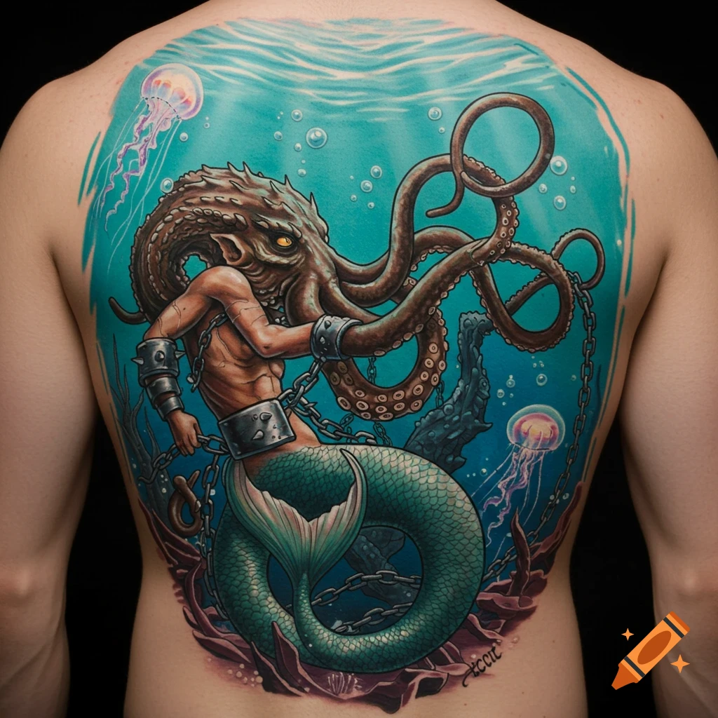 Illustrative tattoo of a kraken in chains with a mermaid, jellyfish, and bubbles on a person's back.