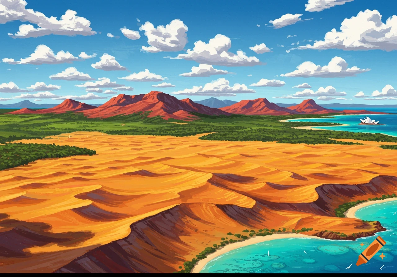 A landscape features orange sand dunes, green bushes, red mountains, and a turquoise sea with the Sydney Opera House.