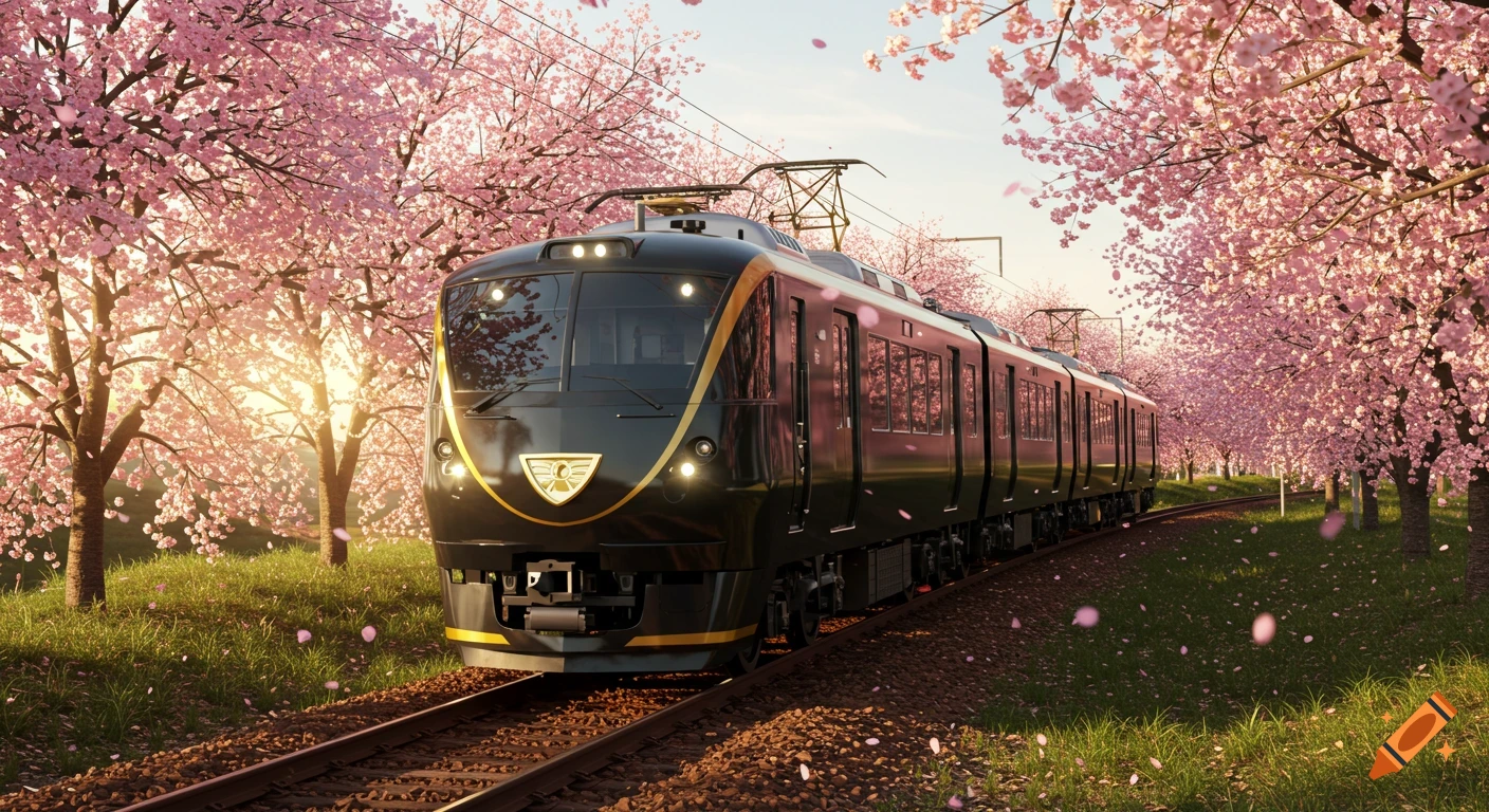 A black and gold train passes through a path lined with cherry blossoms in spring.