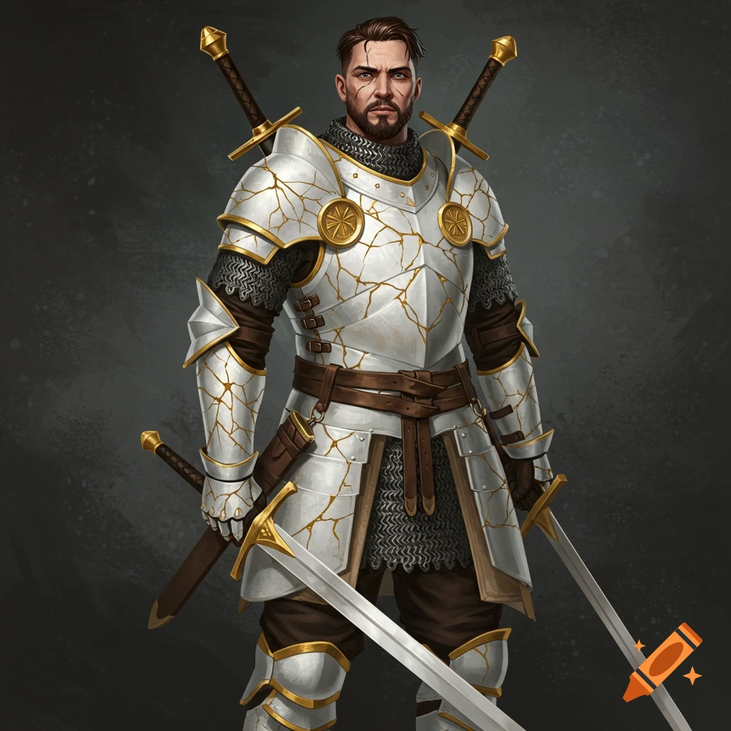 A fantasy knight in cracked white and gold armor with two swords strapped to his back.