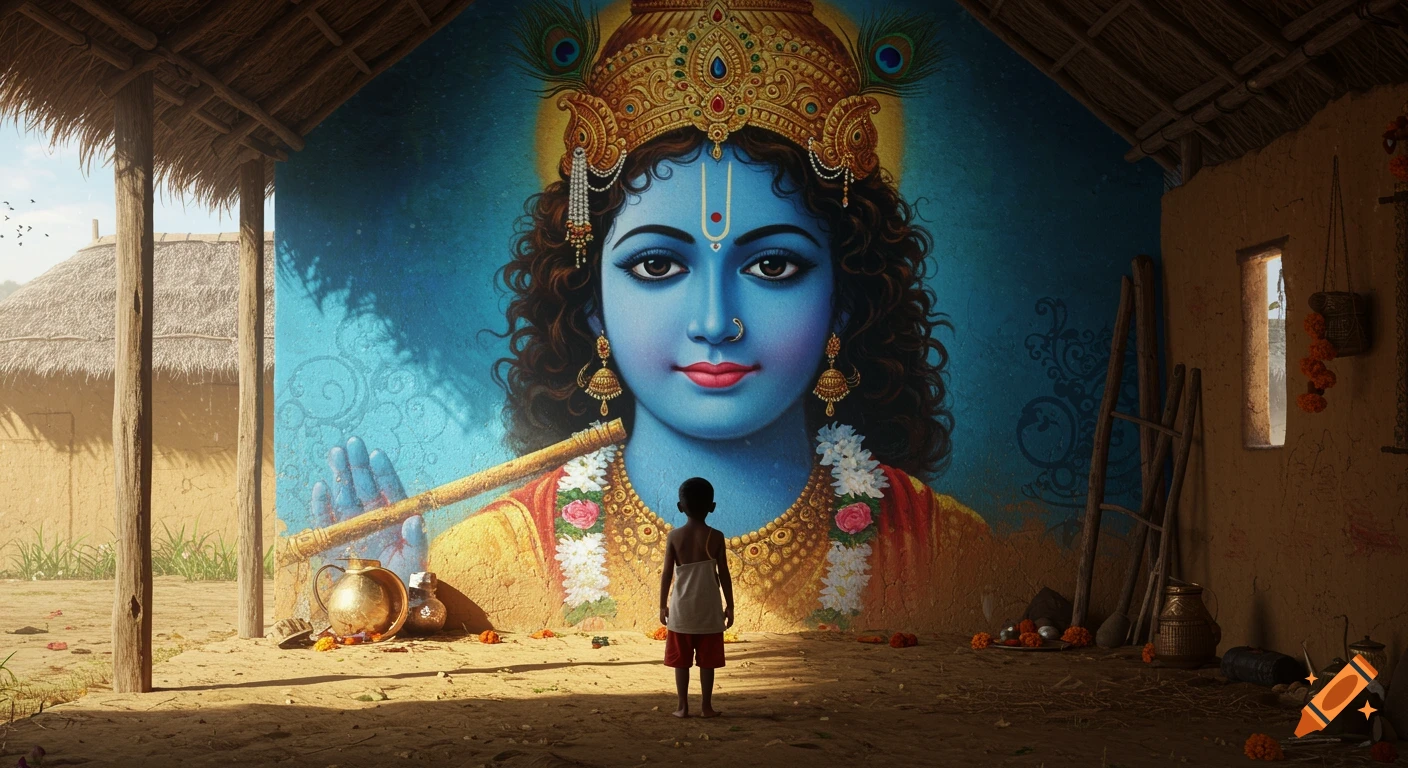 A child stands before a large, vibrant wall mural of Lord Krishna in a sunny, rural village.