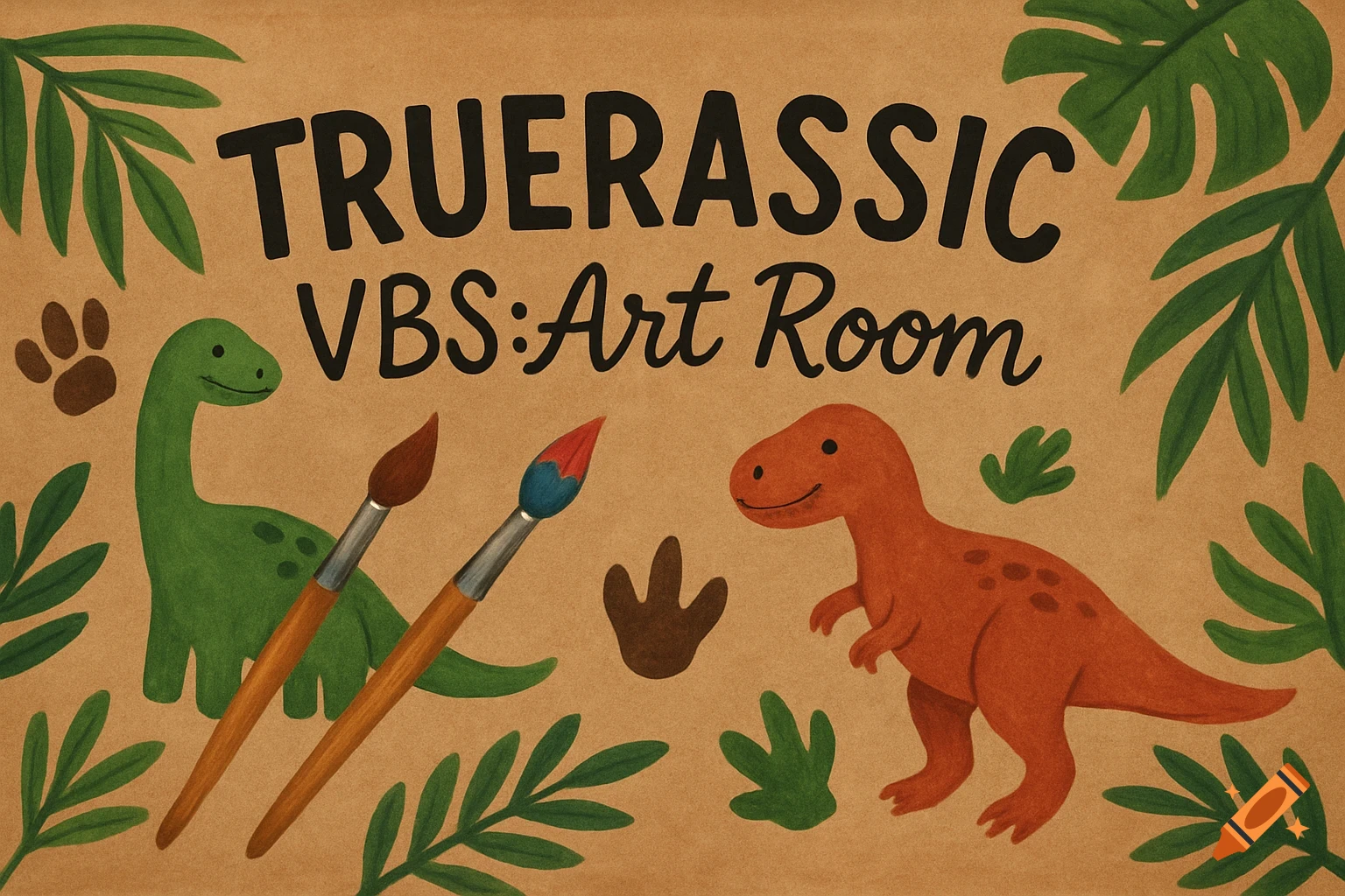 A painted banner features two cartoon dinosaurs, paintbrushes, paw prints, and tropical leaves on a brown background. Text reads "TRUERASSIC VBS:Art Room".