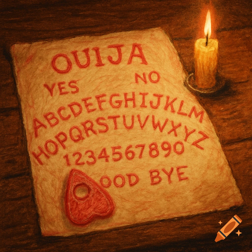 A Ouija board and lit candle on a wooden table, rendered in a scratchy crayon style.