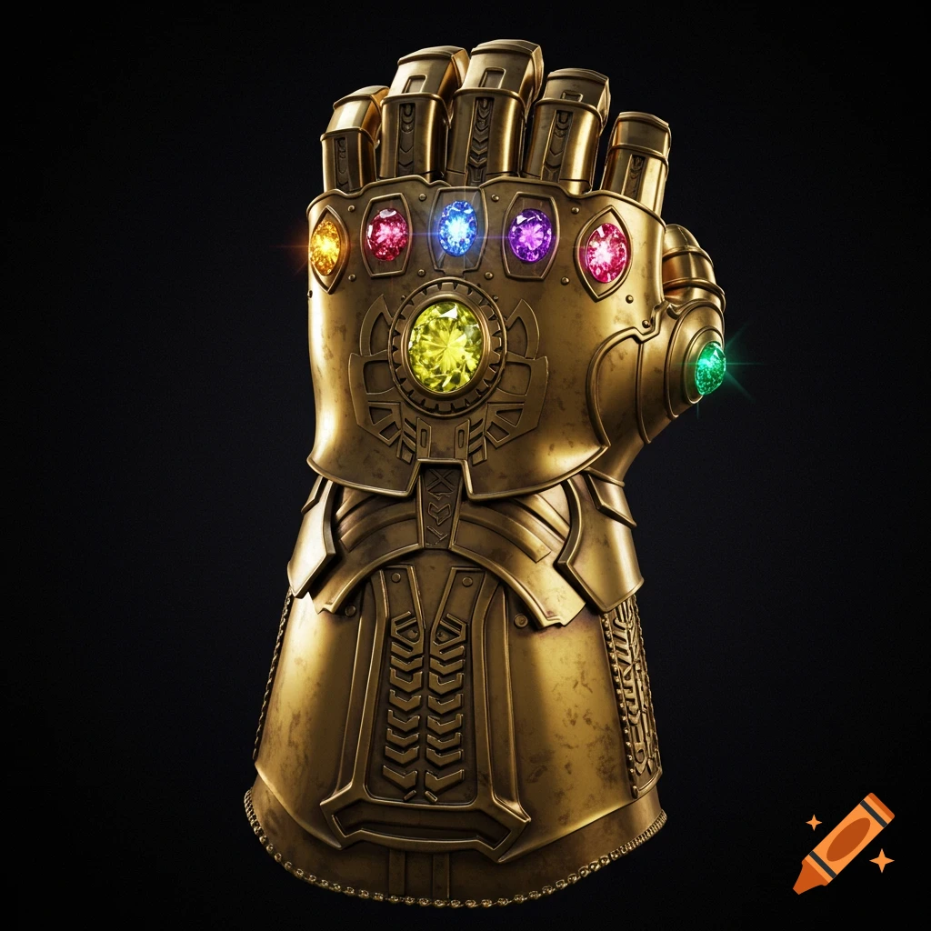 A detailed close-up of a golden gauntlet adorned with six colorful, glowing gems against a dark background.