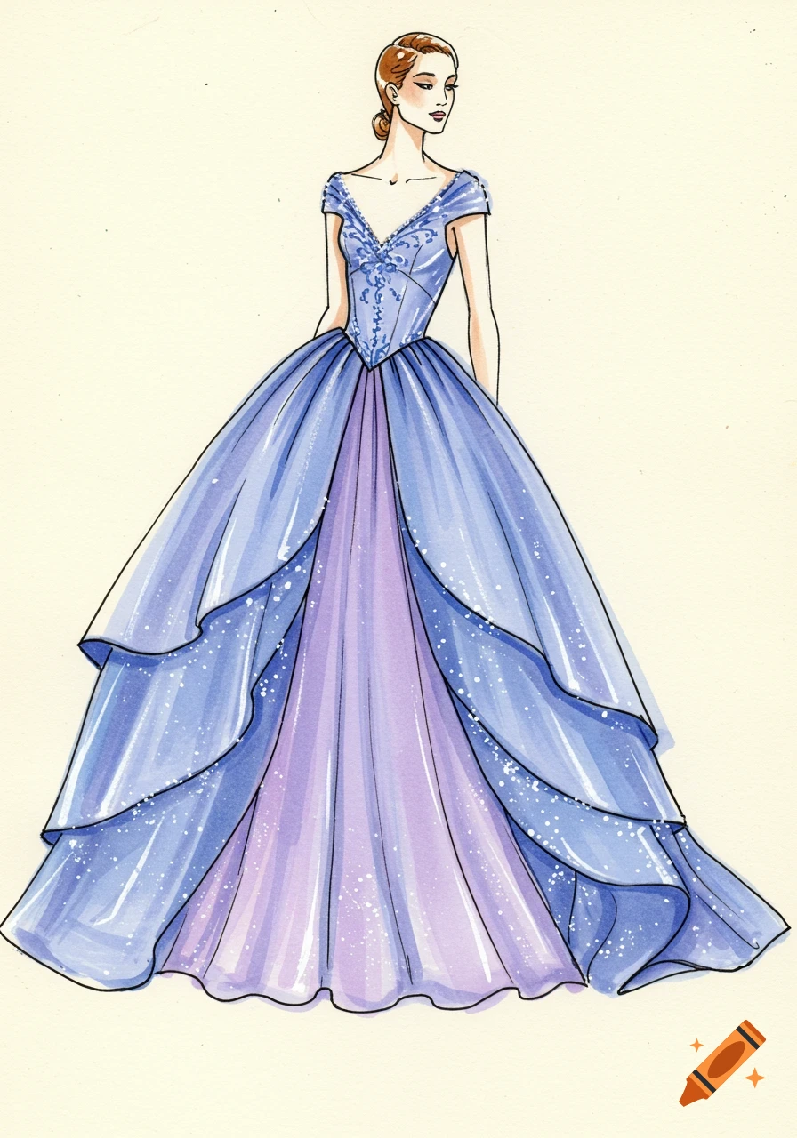 Fashion sketch of a woman wearing a blue and lavender ruffled ball gown.