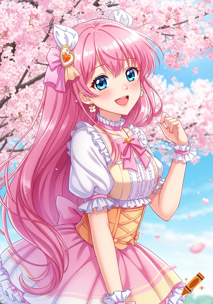 Anime girl with pink hair under cherry blossom tree.