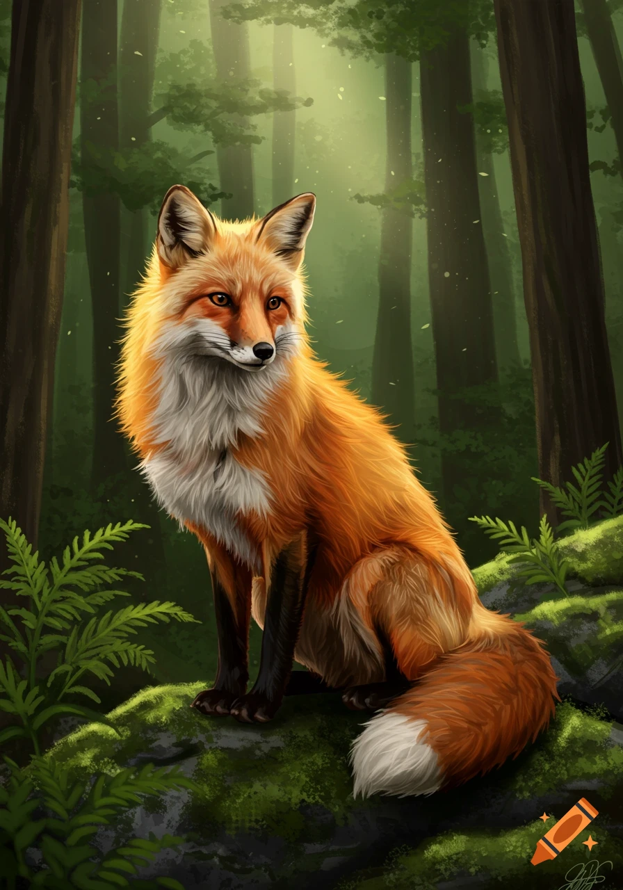 A red fox sits on a mossy rock in a sun-dappled forest. Digital painting.