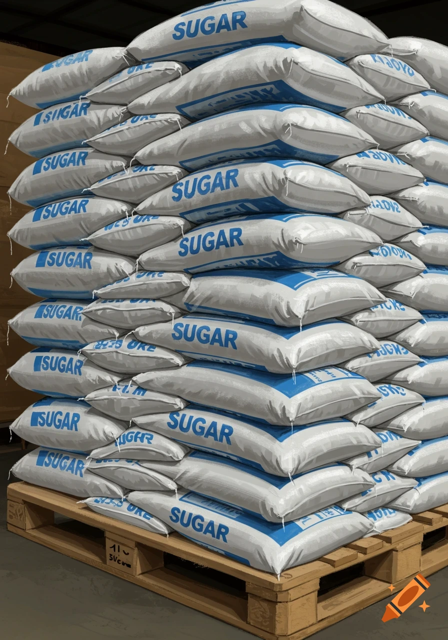 A large stack of white sugar bags with blue labels, piled on a wooden pallet in a warehouse.